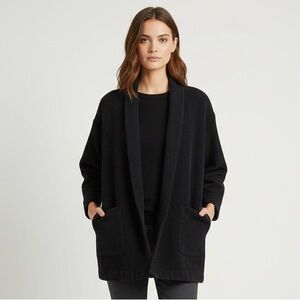 Eileen Fisher Black Felted Wool Open Robe Cardigan - Medium, oversized